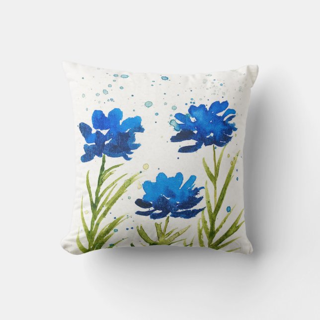 Vår blå blommigt, modern chic för vattenfärg kudde (Framsida)