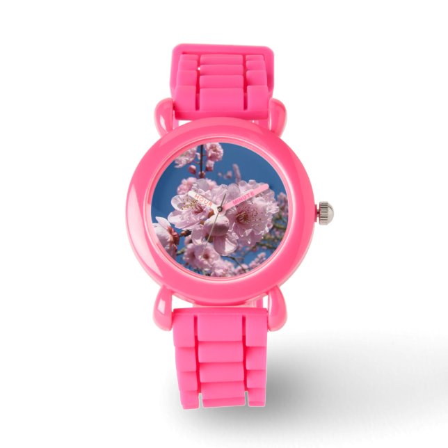 Vår Blå Himmel Tittar Rosa Träd Blommor Armbandsur (Framsida)