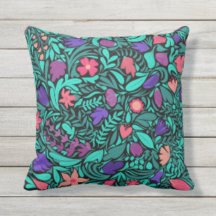 Vår Black Flowers Löv Illustration Mönster Kudde