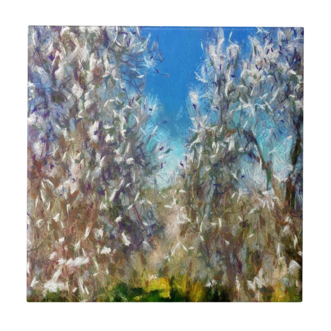 Vår Blommar Almond Träd Pointillism Artwork Kakelplatta (Framsidan)