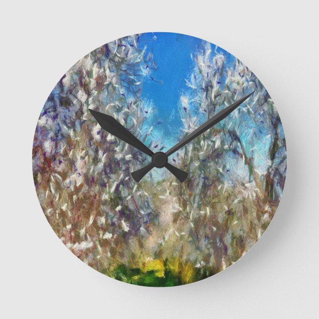 Vår Blommar Almond Träd Pointillism Artwork Rund Klocka (Framsida)