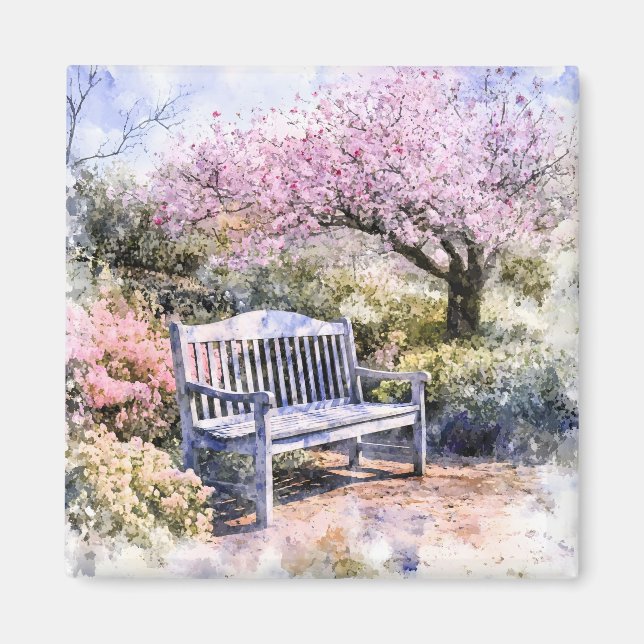 Vår Blommar Bench Watercolor Magnet (Framsidan)