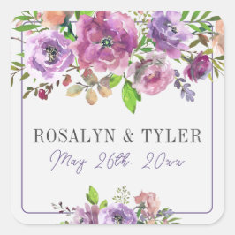Vår Blommar Blommigt Lila Peach Violet Bröllop Fyrkantigt Klistermärke