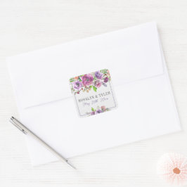 Vår Blommar Blommigt Lila Peach Violet Bröllop Fyrkantigt Klistermärke