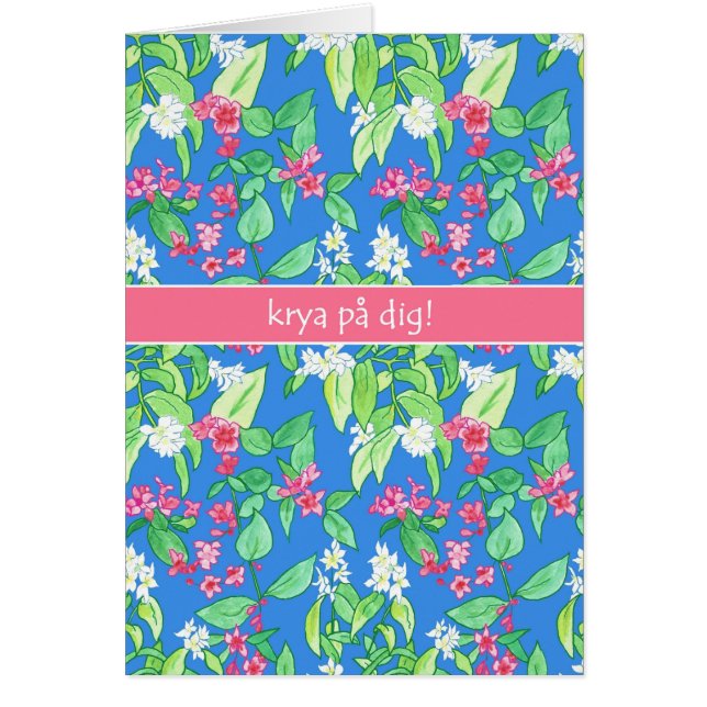 Vår-Blommar på Blå svenska Hälsningskort (Framsidan)
