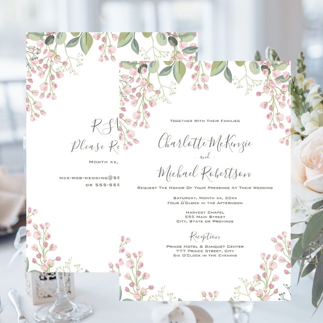 Vår Blommar Rosa Blommigt Mint med OSA Bröllop Inbjudningar (Spring Blossoms Pink Floral Mint Green Wedding Invitation)