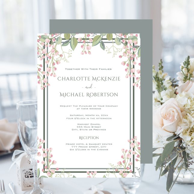 Vår Blommarnas Blommigt för Rosa med OSA Bröllop Inbjudningar (Spring Blossoms, Pink Blush, Mint Green, Wedding Invitation)