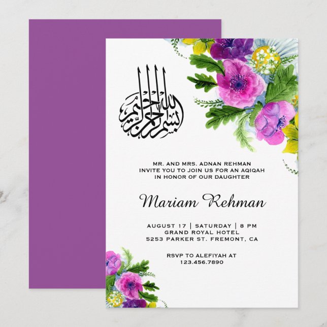 Vår Blommig Blommande Babyflicka Aqiqah Inbjudningar (Fram/baksida)