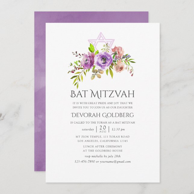 Vår Blommigt Bat mitzvah Inbjudningar (Fram/baksida)