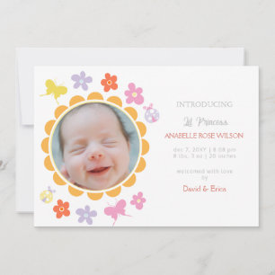 Vår Blommigt Blooms Girl Birth Notice Meddelande