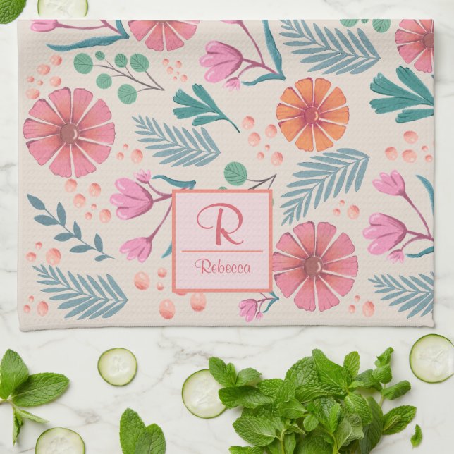 Vår Blommigt Botanical Mönster Kitchen Towel Kökshandduk (Vikta)