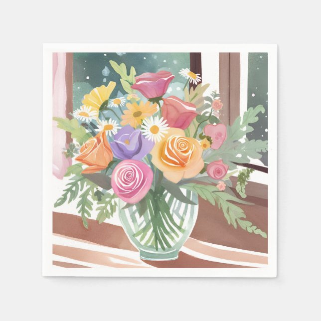Vår Blommigt Bouquet | Flower Vas Watercolor Pappersservett (Framsidan)