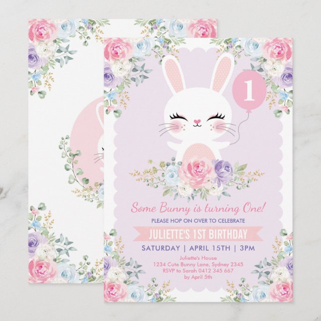 Vår Blommigt Bunny 1:a födelsedagen Cute Rabbit Pa Inbjudningar (Fram/baksida)