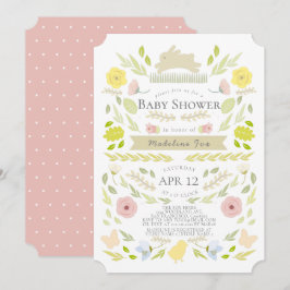 Vår Blommigt Bunny Foliage Rosa Girl Baby Shower Inbjudningar