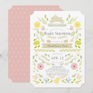 Vår Blommigt Bunny Foliage Rosa Girl Baby Shower Inbjudningar