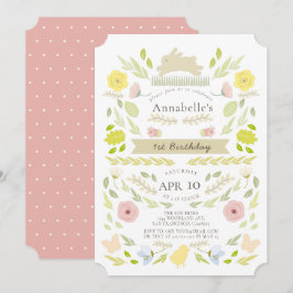 Vår Blommigt Bunny Rosa Girl 1:a födelsedagen Inbjudningar