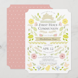 Vår Blommigt Bunny Rosa Girl First Heliga Communio Inbjudningar