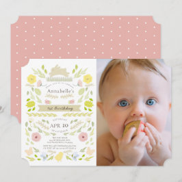 Vår Blommigt Bunny Rosa Girl Photo 1st Birthday Inbjudningar