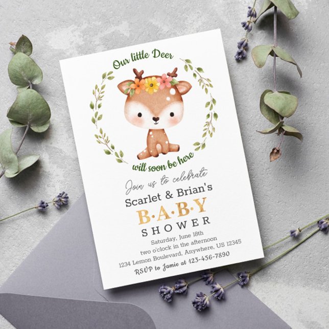 Vår Blommigt Fawn Woodland Vild Hjort Baby Shower Inbjudningar (Skapare uppladdad)