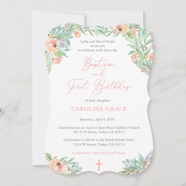 Vår Blommigt Girl Baptism och första födelsedagen  Inbjudningar (Framsida)