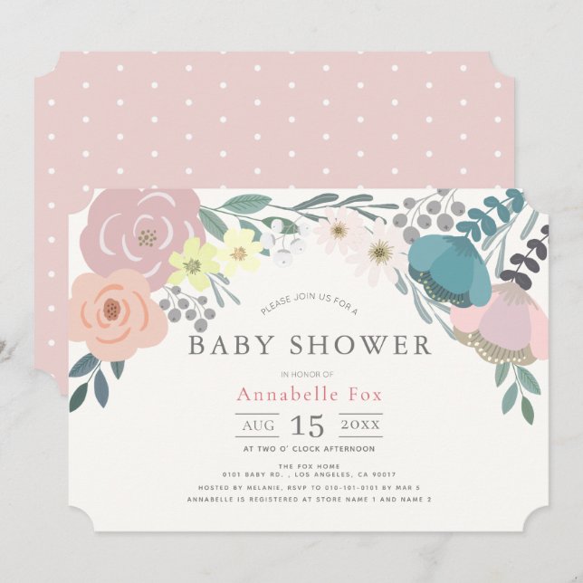Vår Blommigt Girl Rosa Baby Shower Inbjudningar (Fram/baksida)