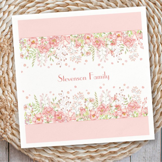 Vår Blommigt Gräns Rosa Peach-familjen Namn Pappersservett (Spring Floral Border Pink Peach Family Name Napkins)