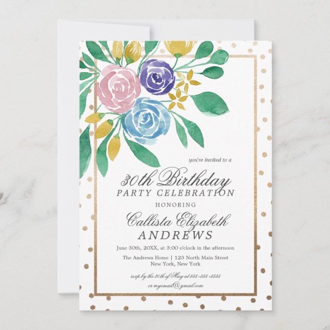 Vår Blommigt Guld Konfetti Watercolor Birthday Inbjudningar (Framsida)