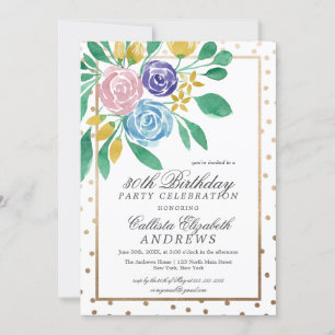 Vår Blommigt Guld Konfetti Watercolor Birthday Inbjudningar