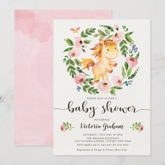  Vår Blommigt Horse Girl Baby Shower Inbjudningar (Fram/baksida)