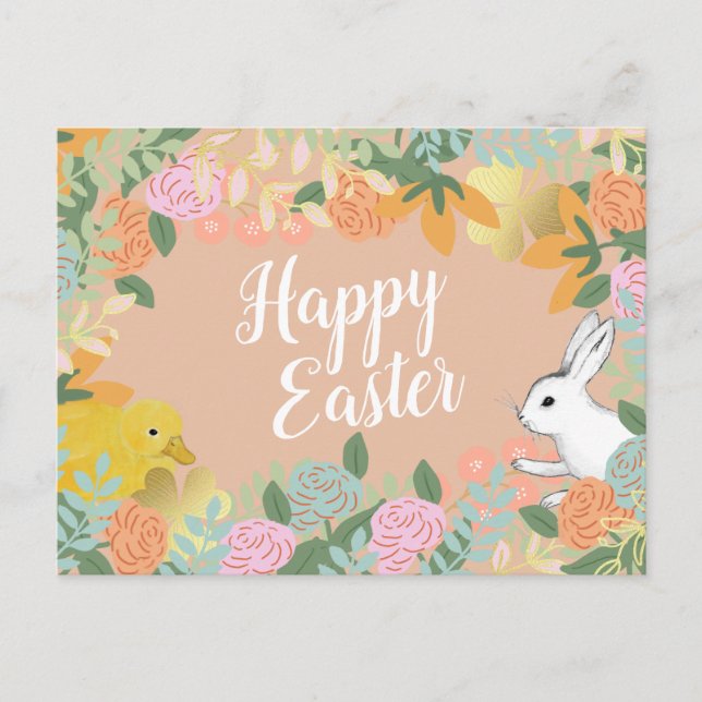 Vår Blommigt Klöver Anka Glad påsk Bunny Helg Vykort (Framsida)