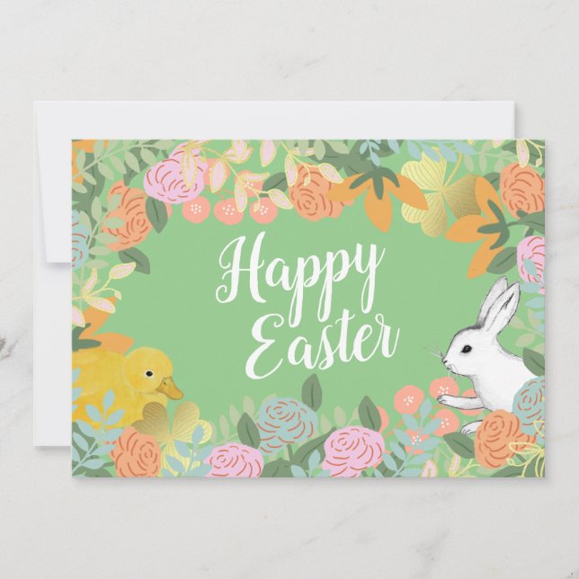 Vår Blommigt Klöver Anka Glad påsk Bunny Julkort (Framsida)