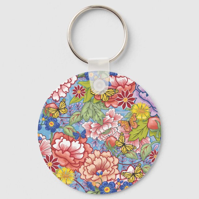 Vår Blommigt med ponnyer och fjärilar Nyckelring (Framsida)