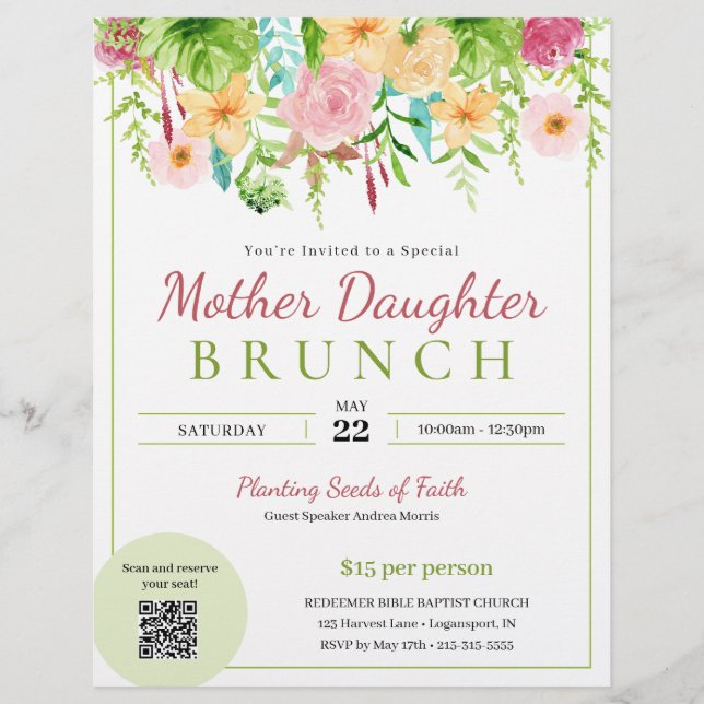 Vår Blommigt Mor Dottkyrkan Brunch Flyer (Framsidan)