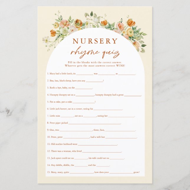 Vår Blommigt Nursery Rhymes Quiz Baby Shower Game (Framsida)