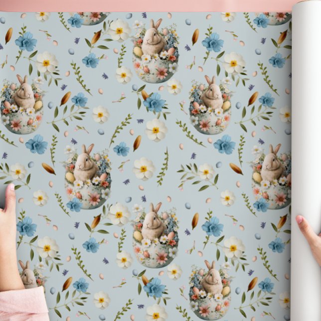 Vår Blommigt Påskhare Firande Blue Presentpapper (Skapare uppladdad)