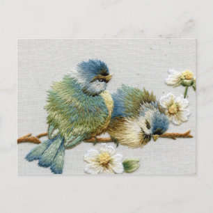 Vår blommigt pastel mint grönt embroidery bird vykort