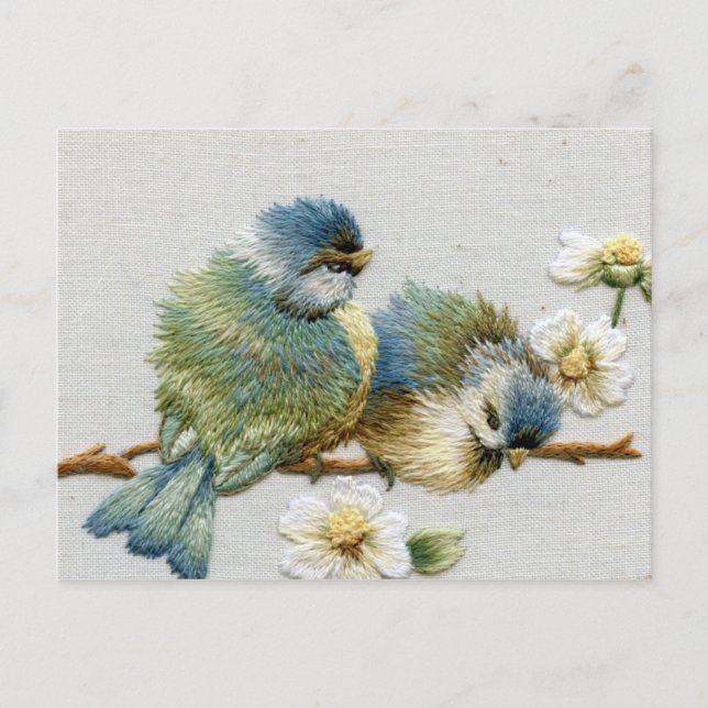 Vår blommigt pastel mint grönt embroidery bird vykort (Framsida)