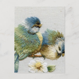 Vår blommigt pastel mint grönt embroidery bird vykort