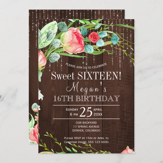 Vår blommigt  ro Lemved sweet sixteen Inbjudningar (Fram/baksida)