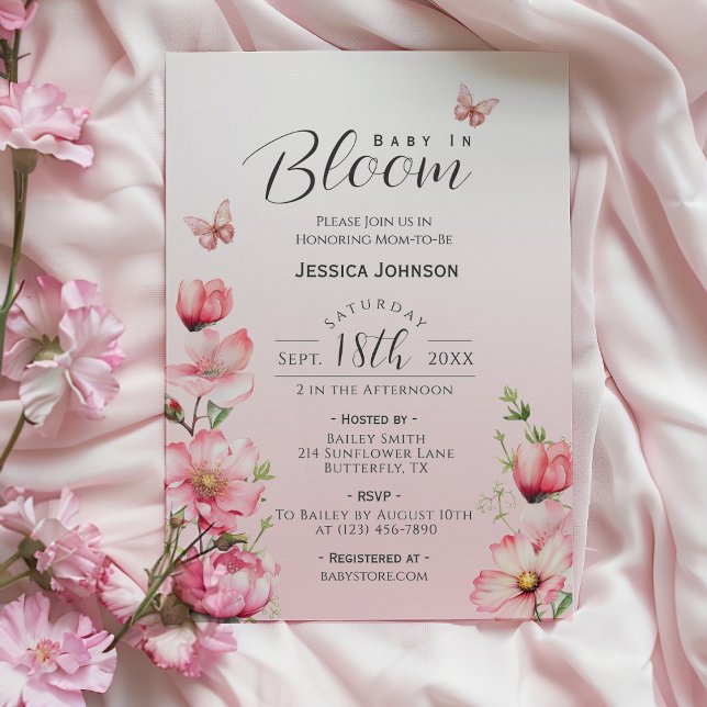 Vår Blommigt Rosa Baby i Bloom Girl Baby Shower Inbjudningar (Pink Baby in Bloom Floral Butterfly Baby Shower Invitation)