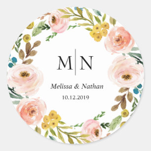 Vår Blommigt Utandning Bröllop Monogram Sticker Runt Klistermärke