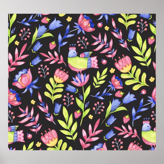 Vår Blommigt: Vattenfärg Sömlös Mönster Poster (Framsidan)