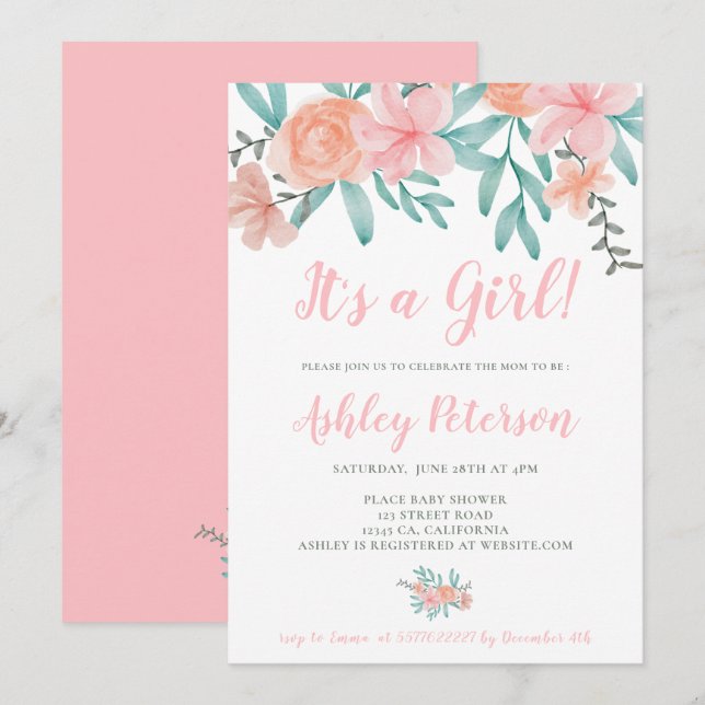 Vår blommigt vattenfärgad korall bouquet babydusch inbjudningar (Fram/baksida)