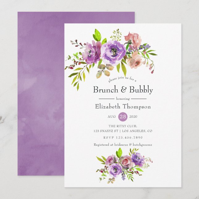Vår Blommigt Watercolor Brunch och Bubly Inbjudningar (Fram/baksida)