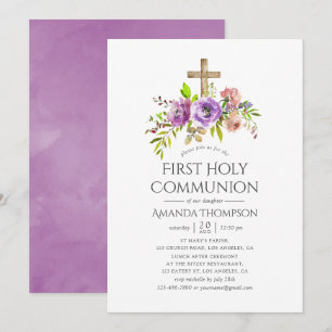 Vår Blommigt Watercolor First Heliga Communion Inbjudningar