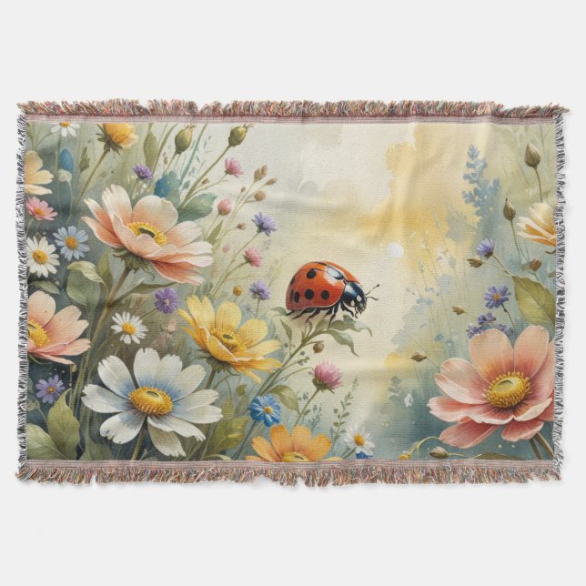 Vår blommigt Watercolor Ladybug Filt (Framsidan)
