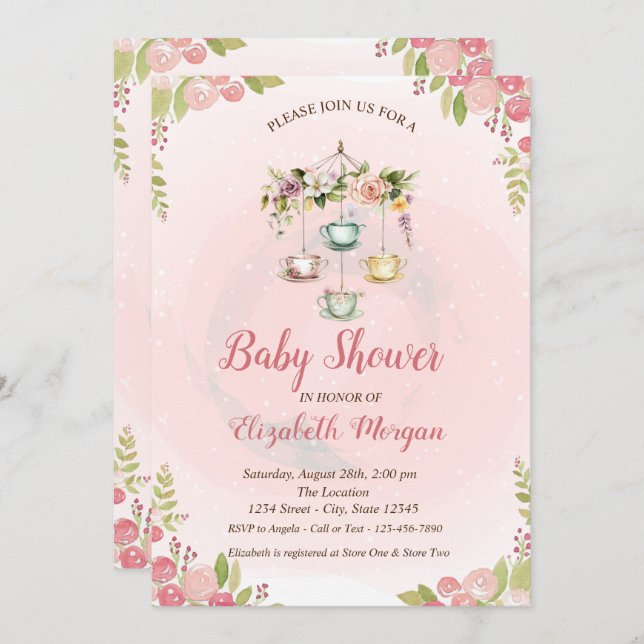 Vår blommor Baby Shower för Tekanna  Inbjudningar (Fram/baksida)