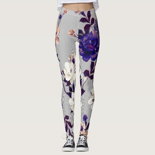 Vår blommor Black Silhouette Mönster Leggings (Framsida)