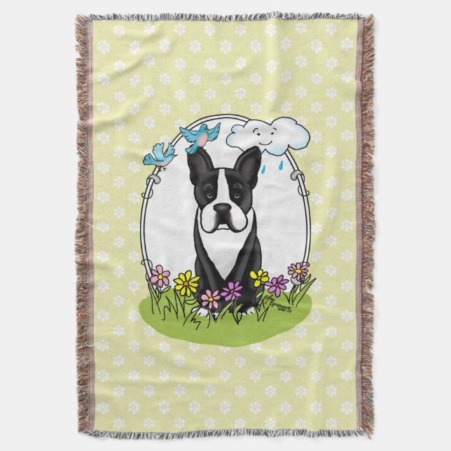 Vår blommor Boston Terrier Hund (svart) Cute Filt (Framsidan Vertikal)