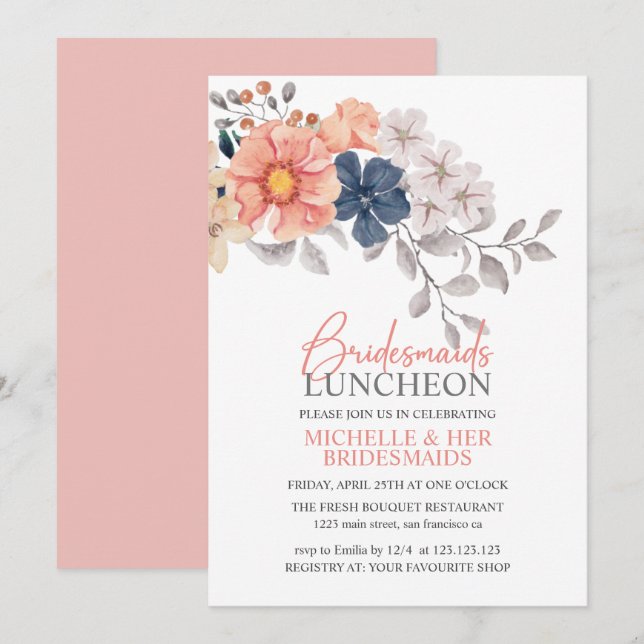 Vår blommor Coral Navy Bridesmaids Luncheon Inv Inbjudningar (Fram/baksida)